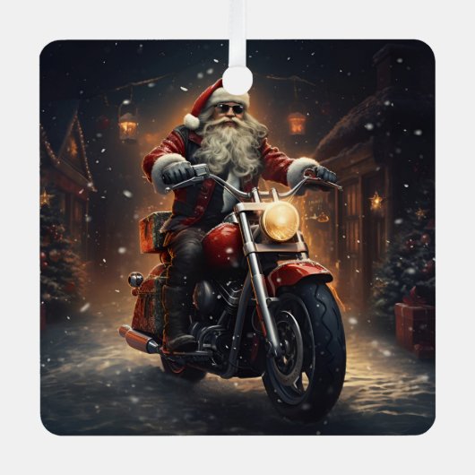 Kerstman rijden op een Harley kerstornament Metalen Ornament (Voorkant)