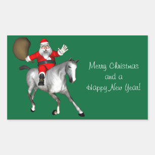 Kerstman rijdend op een grijze paard rechthoekige sticker