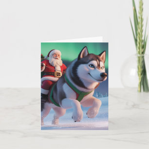 Kerstman rijdend op een reusachtige husky door de feestdagen kaart