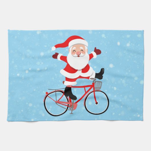 Kerstman rijdt een fiets theedoek (Horizontaal)