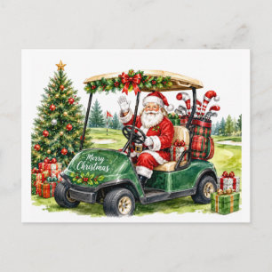 Kerstman rijdt golfkar kerst golf briefkaart