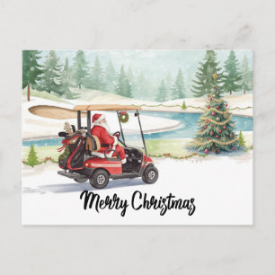 Kerstman rijdt golfkar op winter golfbaan feestdagenkaart