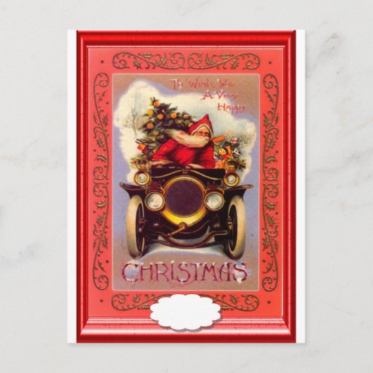 Kerstman rijdt in een veteranenauto feestdagenkaart (Voorkant)