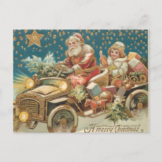 Kerstman rijdt in oldtimer auto op kerstavond briefkaart (Voorkant)