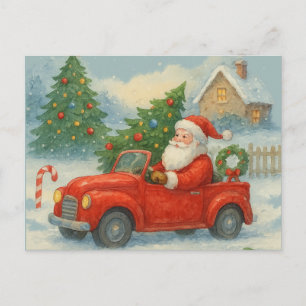 Kerstman rijdt in rode auto Vintage Kerstwaterverf Feestdagenkaart