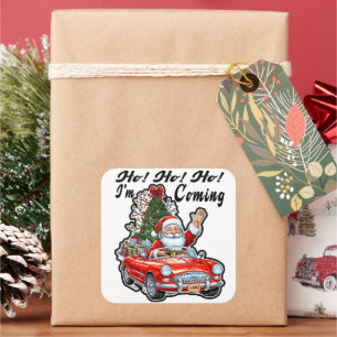 Kerstman rijdt in rode klassieke auto vierkante sticker