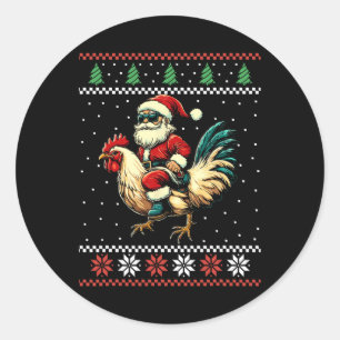 Kerstman rijdt kip lelijke kersttrui boer ronde sticker