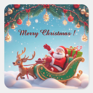 Kerstman rijdt met slee en rendier vierkante sticker