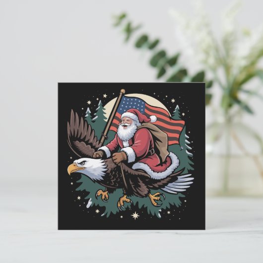Kerstman rijdt op adelaar VS-vlag Kerstmis  Feestdagenkaart (Staand voorkant)