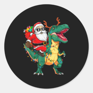 Kerstman rijdt op dinosaurus T Rex Grappige Kerst  Ronde Sticker