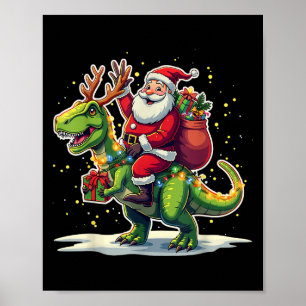 Kerstman rijdt op dinosaurus T Rex herten Kerstver Poster