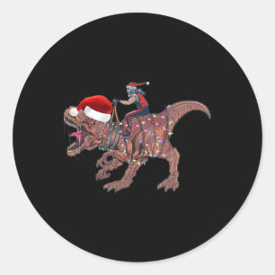 Kerstman rijdt op dinosaurus T Rex Kerst jongens m Ronde Sticker