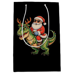 Kerstman rijdt op dinosaurus T Rex Kerstmis Retro Medium Cadeauzakje