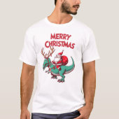 Kerstman rijdt op dinosaurus T-Rex Prettig kerstfe T-shirt (Voorkant)