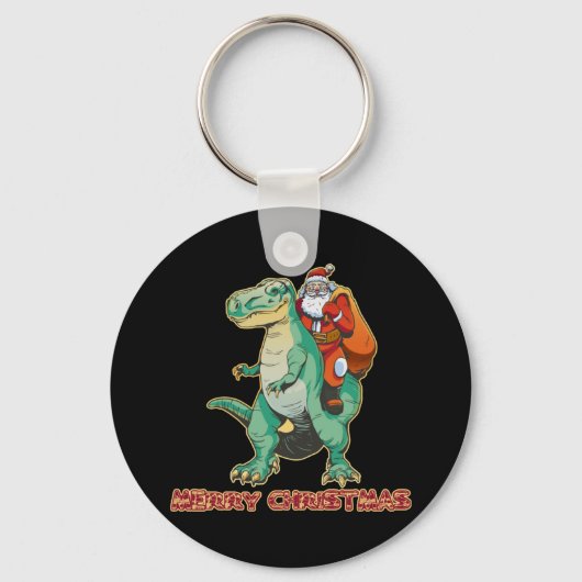 Kerstman rijdt op dinosaurus, Trex Kerstman, Kerst Sleutelhanger (Voorkant)