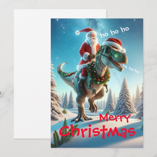 Kerstman rijdt op een dinosaurus feestdagenkaart (Voorkant / Achterkant)
