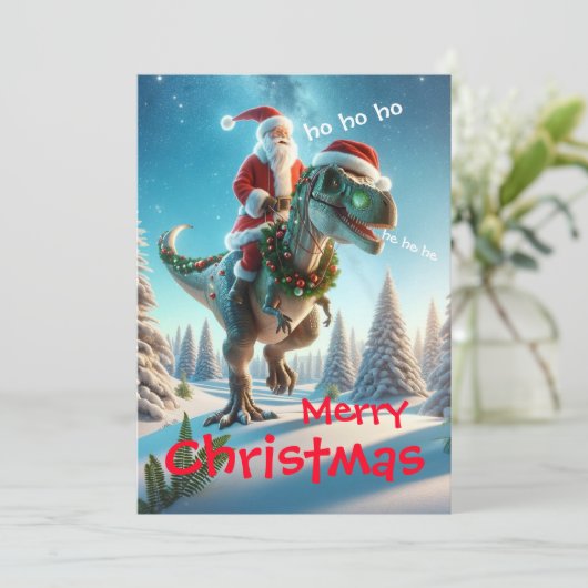 Kerstman rijdt op een dinosaurus feestdagenkaart (Staand voorkant)