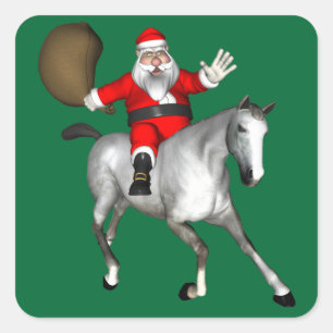 Kerstman rijdt op een grijze paard vierkante sticker