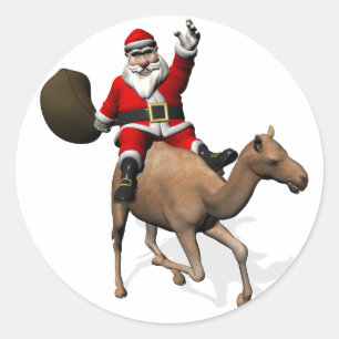 Kerstman rijdt op een kameel ronde sticker