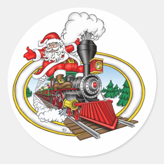 Kerstman rijdt op een stoomlocomotief ronde sticker (Voorkant)