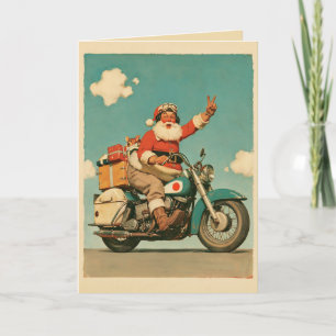 Kerstman rijdt op een vintage Kerstmis-motorfiets Kaart