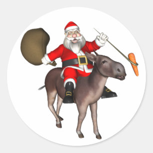 Kerstman rijdt op ezel ronde sticker