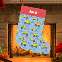 Kerstman rijdt op kiepwagen en bulldozer blauw