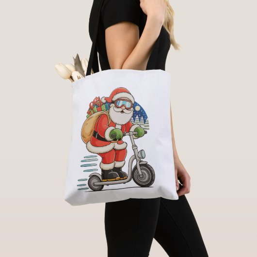 Kerstman rijdt op scooter Kerstmis Matching Famili Tote Bag (Dichtbij)