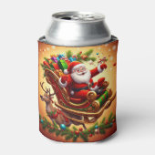 Kerstman rijdt slee met een rendier blikjeskoeler (Blikje Voorkant)