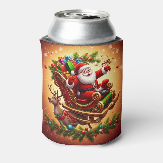 Kerstman rijdt slee met een rendier blikjeskoeler (Blikje Achterkant)