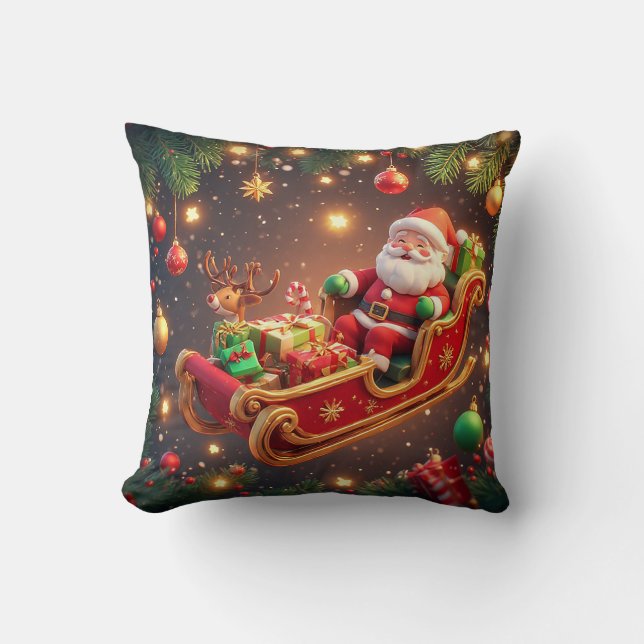 Kerstman rijdt slee met een rendier kussen (Voorkant)