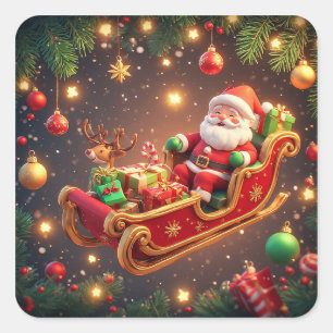 Kerstman rijdt slee met een rendier vierkante sticker