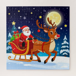 Kerstman rijdt slee met rendieren onder volle maan legpuzzel