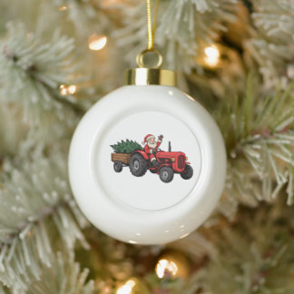Kerstman rijdt tractor Kerstboomgaard wagon Keramische Bal Ornament