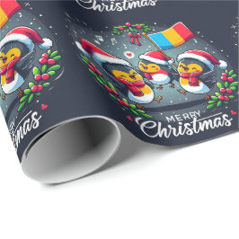 Kerstman Robins die de Roemeense vlag houden en ke Cadeaupapier