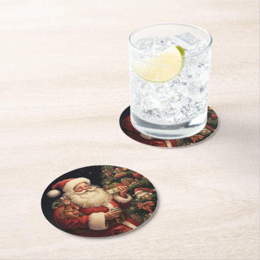  kerstman ronde kartonnen onderzetter (Insitu)