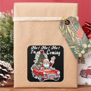 Kerstman Rood Auto Zwarte Achtergrond Vierkante Sticker
