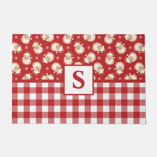 Kerstman Rood Gingham Monogram Kerstmis Deurmat (Voorkant)
