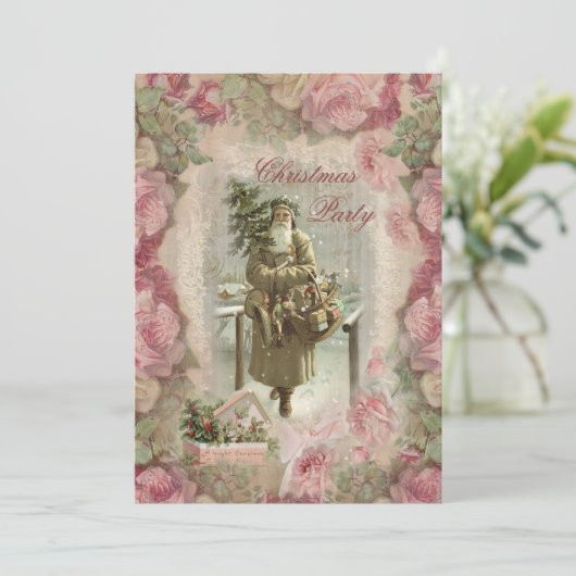  kerstman, roze rozen collage kerstfeest kaart (Staand voorkant)