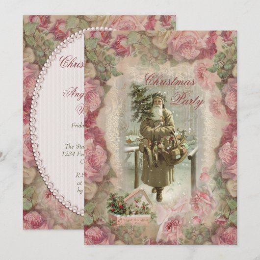 kerstman, roze rozen collage kerstfeest kaart (Voorkant / Achterkant)