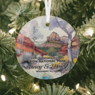 Kerstman Rustic Zion National Park verloofd paar Glas Ornament