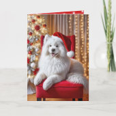 Kerstman Samoyed Hond Op Een Rode Stoel Feestdagen Kaart (Voorkant)