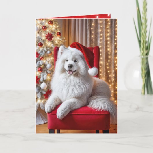 Kerstman Samoyed Hond Op Een Rode Stoel Feestdagen Kaart (Voorkant)