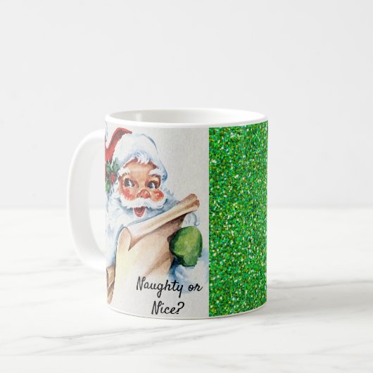 Kerstman  Santa Naughty Nice Green Glitter Koffiemok (Voorkant links)