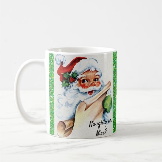 Kerstman  Santa Naughty Nice Green Glitter Koffiemok (Links)