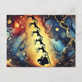 Kerstman scène nachthemel met rendieren Kerstkaart Feestdagenkaart