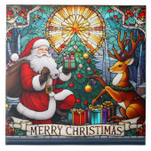 Kerstman schenkt vreugde aan een rendier door een tegeltje (Voorkant)