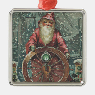Kerstman Schip Boot Sneeuw Storm Metalen Ornament