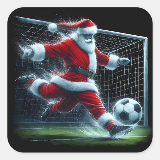 Kerstman schopt het Voetbal tijdens een feestelijk Vierkante Sticker (Voorkant)