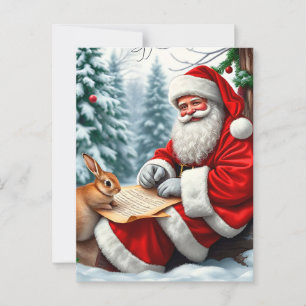 Kerstman schrijft een brief in een besneeuwd bos briefkaart